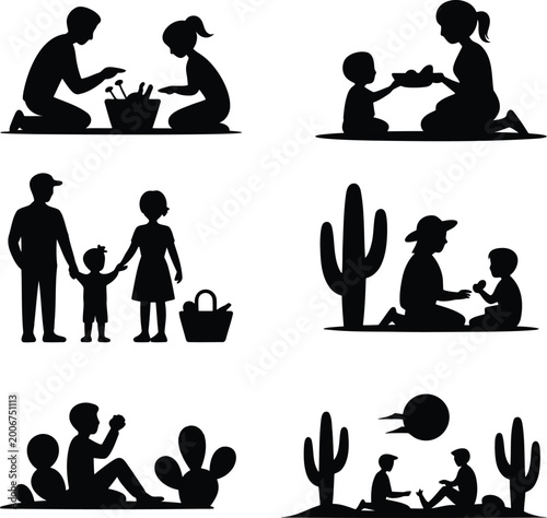 Outdoor family scenes silhouette pack: picnics playtime desert landscapes