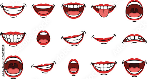 Cartoon mouth expressions set with lips teeth smiles talking shouting emotions for character animation and comic design