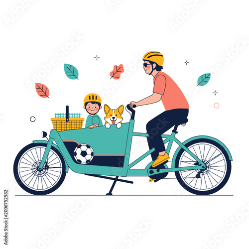 Cargo E-Bike Family Outing Flat Vector Illustration