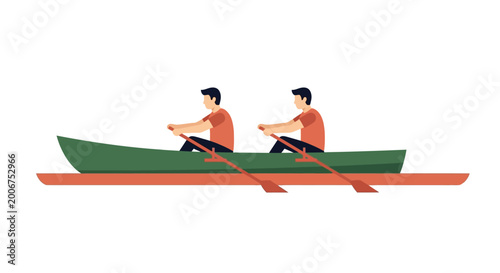Two People Rowing a Green Canoe on Calm Water