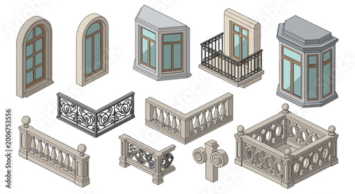 Isometric set of decorative balcony railings, stone balustrades, and arched window frames with elegant metalwork detailing on a clean neutral background.