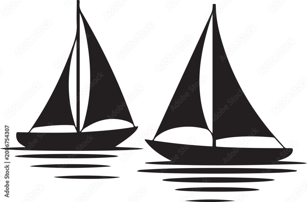Fototapeta premium Simple black and white illustration of two ship or boat icons on water. silhouette vector illustration