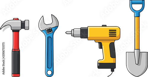 Bilde på lerret A set of tools including a hammer, wrench, drill, and shovel on a plain backgrou