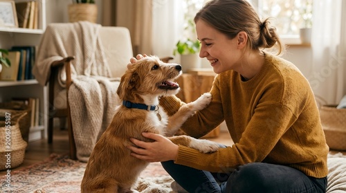 A woman sits on the floor with her dog in a living room filled with natural light. They share a joyful moment as she pets the dog and smiles. The space has plants and cozy decor