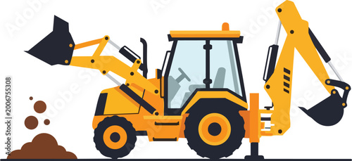 A yellow backhoe loader digs into a pile of dirt on a construction site with heavy machinery.