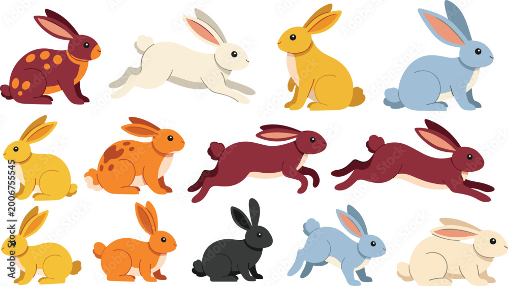 Obraz premium Colorful Flat Cartoon Rabbit and Bunny Character Set in Various Poses for Easter, Kids, and Animal Design Projects