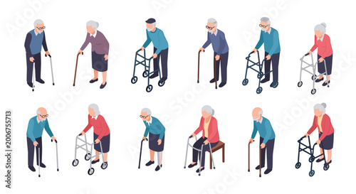 Various elderly individuals demonstrate the use of different mobility aids such as walkers and canes while standing in organized rows on a plain white backdrop.