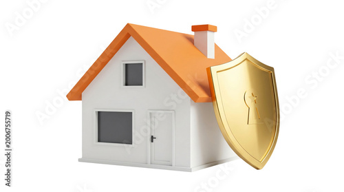 3D Rendering of a Small House Protected by a Golden Shield, symbolizing home security and safety.