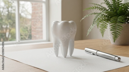 Single large white molar tooth model placed on a white paper document next to a metallic silver pen.