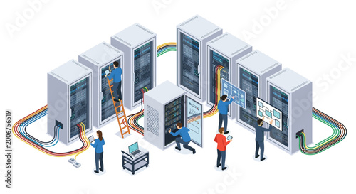 A team of technicians performs maintenance on multiple server rack cabinets with colorful wiring in a professional modern data center isometric flat design.