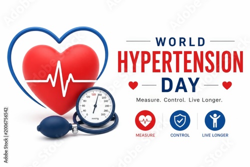 World Hypertension Day banner with Heart symbol with pulse line and blood pressure gauge. Blue stethoscope rests beside the device. Bold text announces global awareness campaign. Icons show measures,
