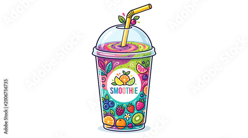 Colorful cartoon illustration of a smoothie cup with fruit designs and straw