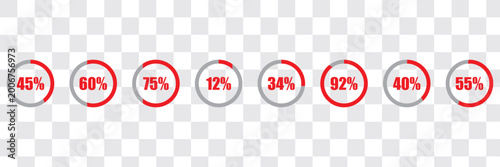 Complete circular progress ring chart from 1% to 100% in colorful segments. Flat design loading data interface elements. Vector illustration on white background.