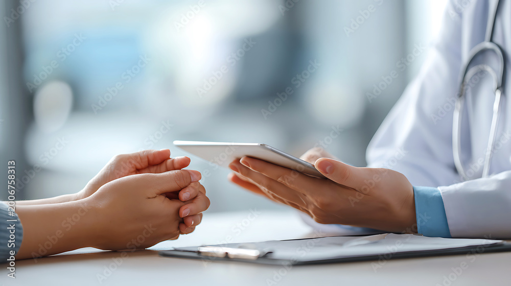 Fototapeta premium Doctor and patient discussing medical information on a tablet computer