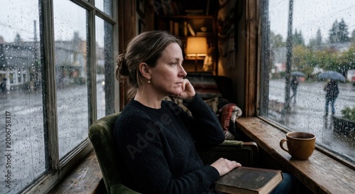 Woman relaxing with coffee by a rainy window