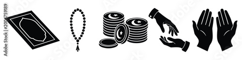 Schilderij op canvas Religious artifacts silhouette prayer rug rosary stacked coins and hands in pray