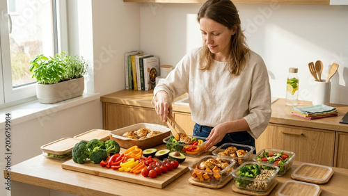 Woman preparing healthy meal prep in glass containers with fresh vegetables and chicken in modern kitchen. A bright, clean, and organized kitchen encourages healthy living and meal planning.