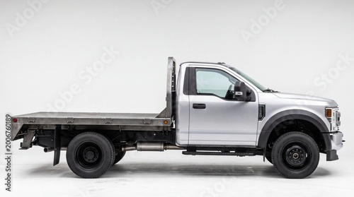 Silver flatbed truck parked in side view