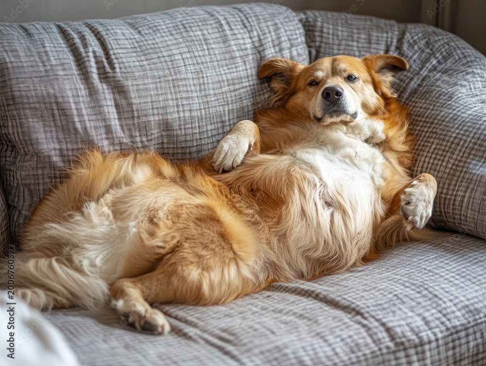 Obraz premium Relaxed Dog Lounging Comfortably on Gray Couch with Soft Blanket