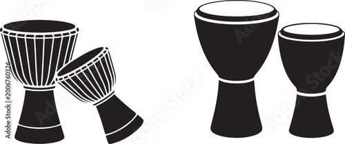 Photos Two traditional djembe drums in a black and white illustration