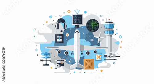 Aviation and Airport Management Concept Illustration with Commercial Airplane, Air Traffic Control Tower, Logistics, and Navigation Icons for Global Transport