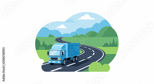 Blue Delivery Truck Driving on Winding Mountain Road Vector Illustration - Logistics and Freight Transportation Concept