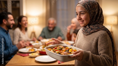 Muslim family joyfully eating together in a warmly lit dining room, featuring a woman in a hijab serving a colorful dish with smiling relatives in the background