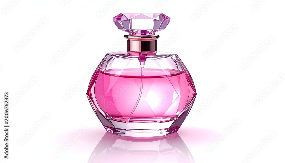 Obraz premium Elegant pink perfume bottle with faceted glass design and crystal stopper.