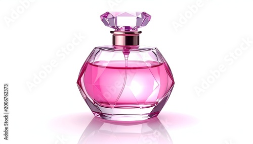 Elegant pink perfume bottle with faceted glass design and crystal stopper.