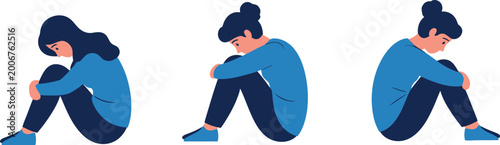 sad woman illustration set blue tones isolated on white