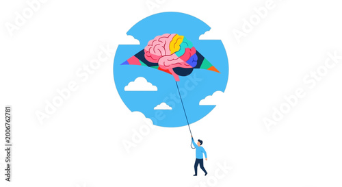 Creative Illustration of a Man Flying a Colorful Brain as a Kite, Concept of Mental Freedom and Imagination