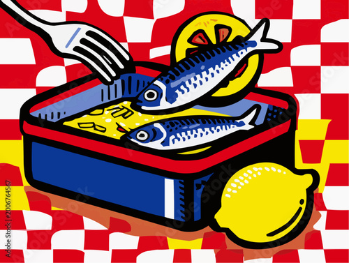 Flat vector illustration of an open sardine tin with fish, lemon, and a fork, perfect for food packaging, restaurant menus, or culinary blogs.