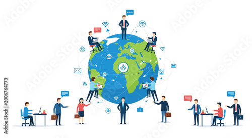 A global business network illustration features several professional figures surrounding a central world map connected by digital lines and communication icons on white background.