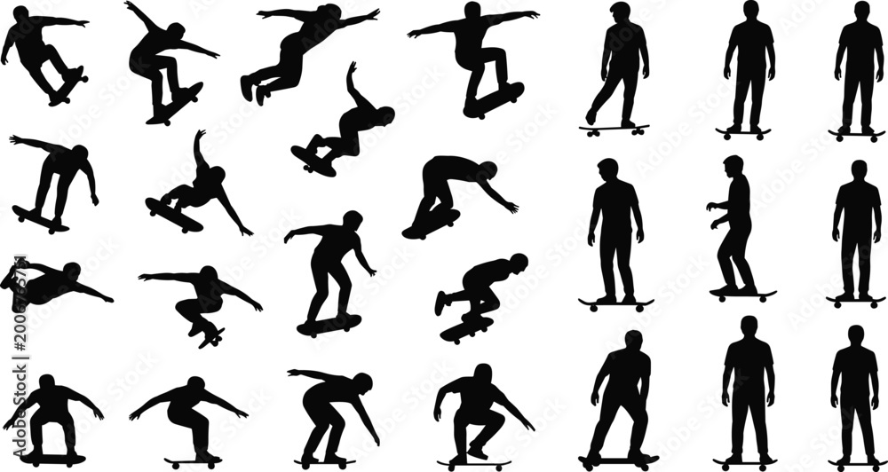 Fototapeta premium Comprehensive skateboarder silhouette set with tricks, jumps, and poses illustrating urban sport and dynamic movement