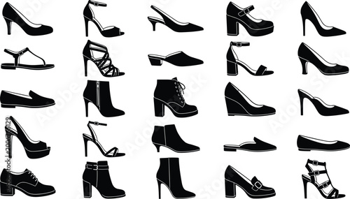 Foto Women shoes silhouettes collection with high heels boots sandals and flats, fash