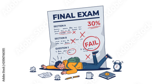 Student experiencing overwhelming stress and disappointment after failing a crucial final exam, reflecting academic pressure, poor grades, and the struggles of study