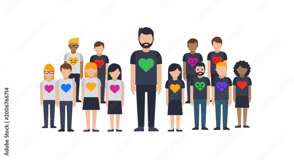 Fototapeta premium Diverse Group of People with Colorful Heart Emoji Icons on T-shirts Vector Illustration Representing Community, Mental Health, and Emotional Intelligence