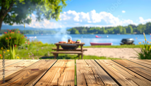 Summer Barbecue Picnic by the Lake with Wooden Table Foreground.
