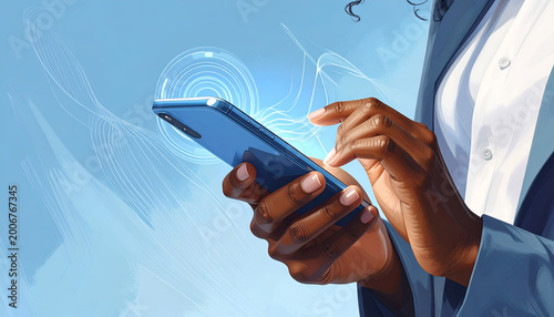 Close-up of a persons hands using a smartphone with digital waves emanating from the screen.
