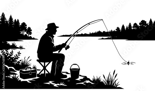 Foto Man fishing by lake with equipment silhouette detailed black vector isolated on