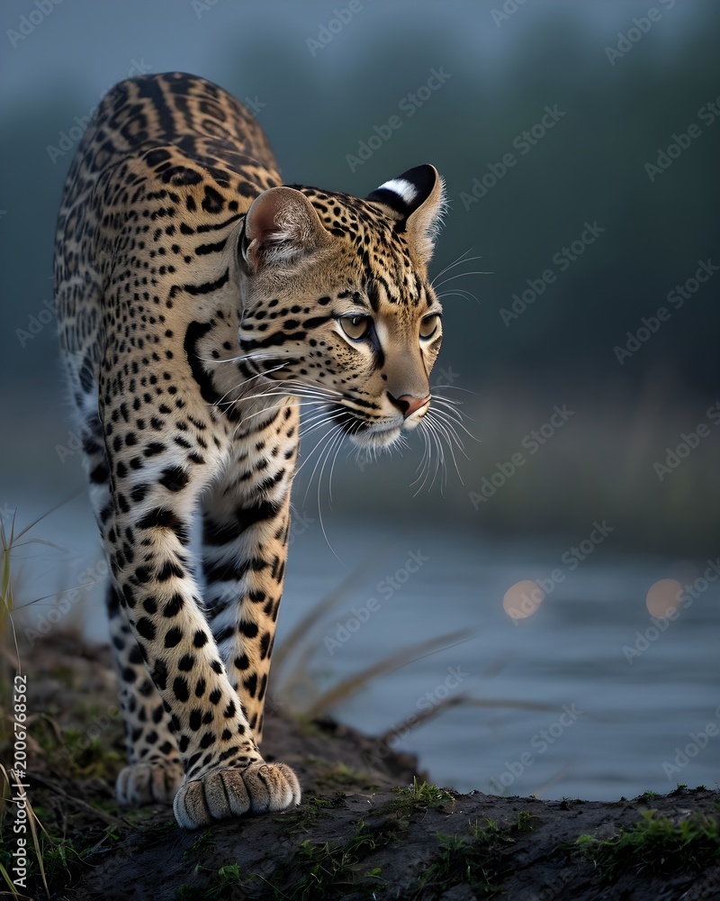Fototapeta premium A gold oncilla, northern tiger cat in starlight 