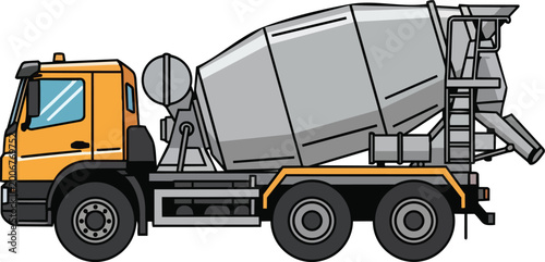 Φωτογραφία A large orange cement mixer truck transports a gray mixing drum on a construction site with heavy industry machines and equipment nearby