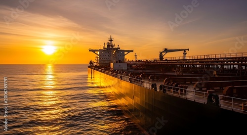 Massive Oil Tanker Sailing at Golden Sunset Over Calm Ocean Sea