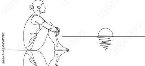 Foto Woman sitting, watching sunset over water, reflection, minimalist line art