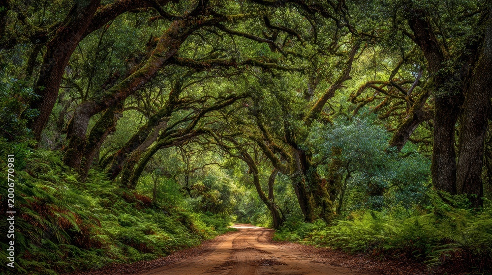Fototapeta premium A scenic dirt road winding through a lush green forest canopy