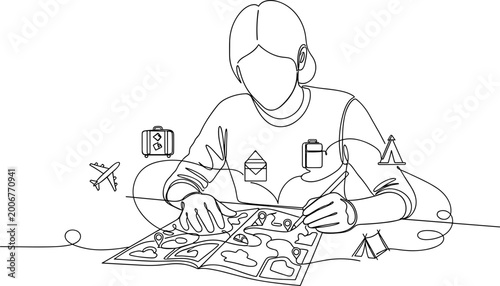 Canvas Print Woman planning travel itinerary with map and travel icons, line art illustration