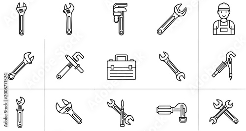 Foto Set of workshop tools and mechanic icons vector graphics crescent wrench adjusta