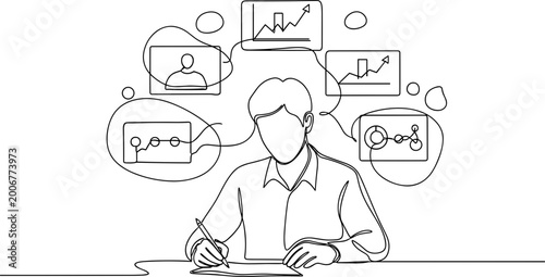 Business man analyzing data charts and graphs, continuous line drawing concept