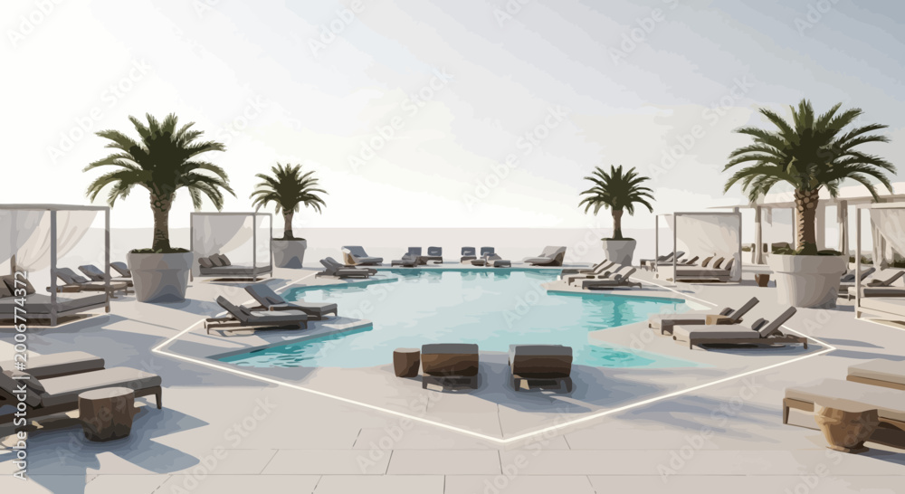 Fototapeta premium Lounge chairs surround a large pool with palm trees in a tropical resort setting.