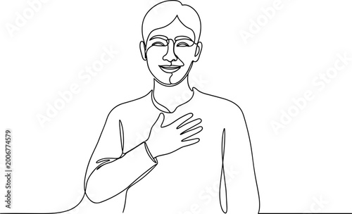 Canvas Print Man with hand on chest, smiling, wearing glasses, line art, gratitude, sincerity